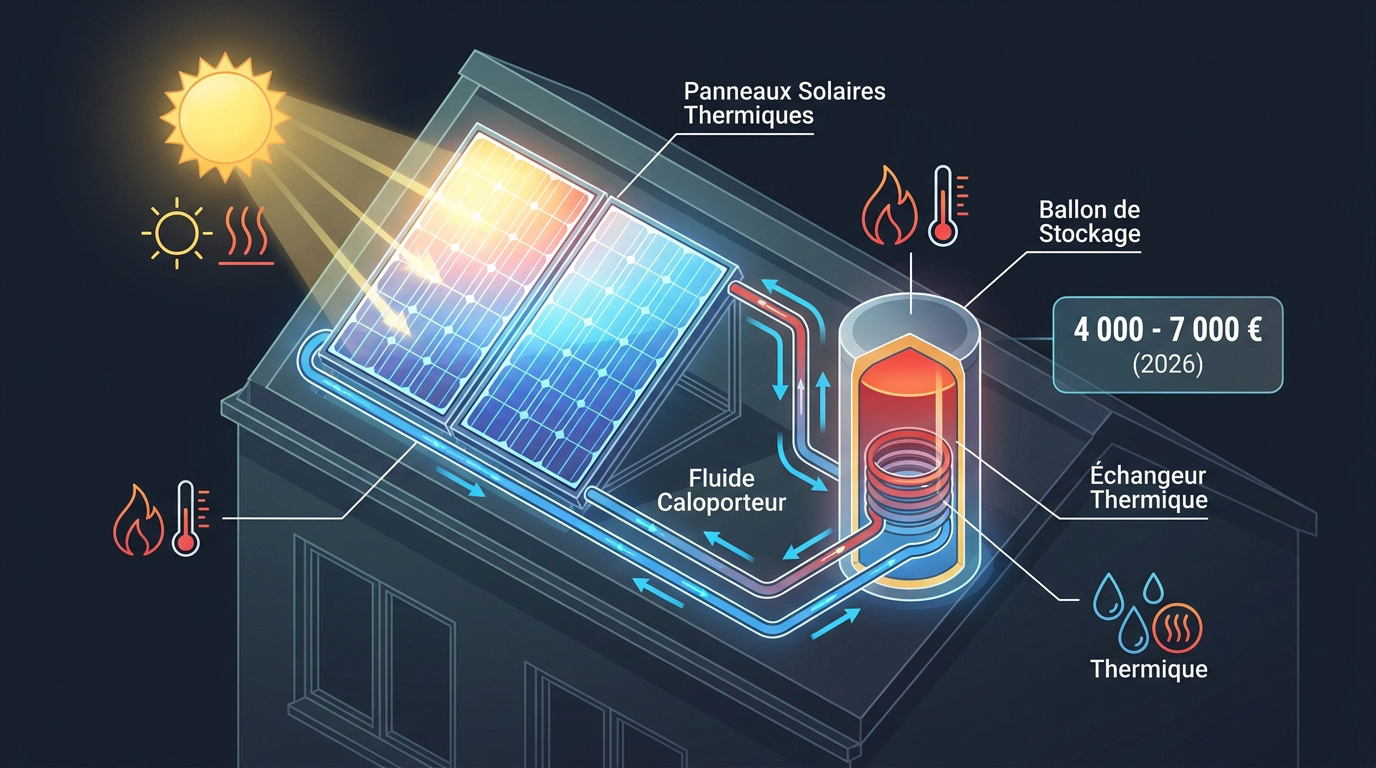 Schéma technique d'un chauffe-eau solaire individuel avec capteurs thermiques et ballon de stockage