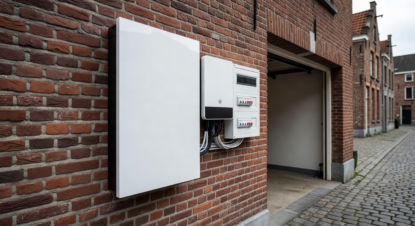 Batterie domestique installée dans un garage avec panneaux solaires visibles par la fenêtre