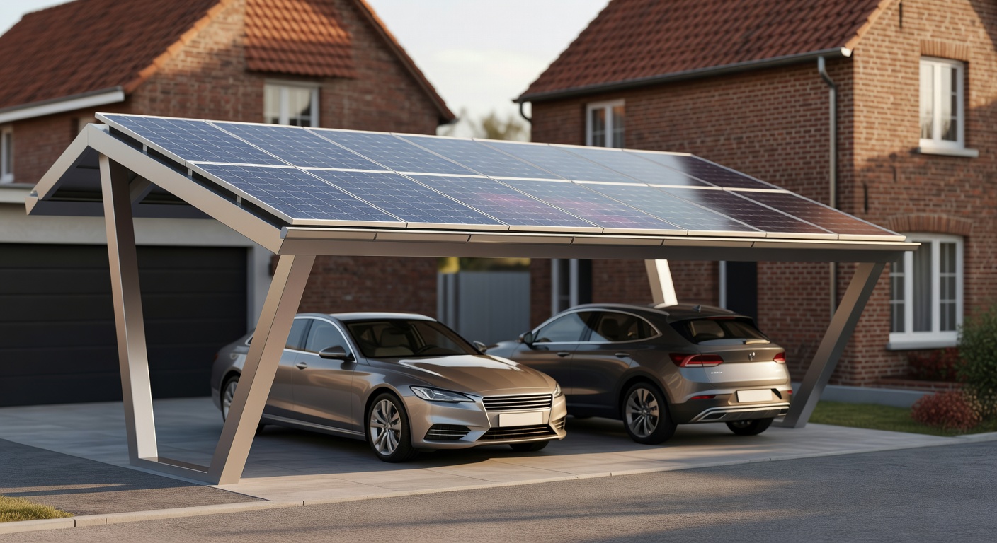 Carport photovoltaique avec panneaux solaires et borne de recharge pour vehicule electrique en Belgique