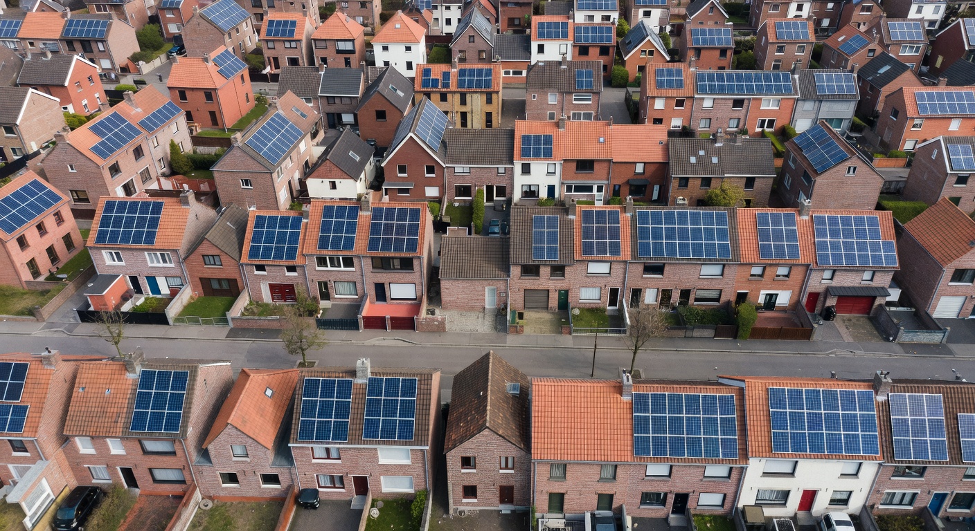 Vue aérienne d'une maison belge avec panneaux solaires sur le toit et calcul superposé