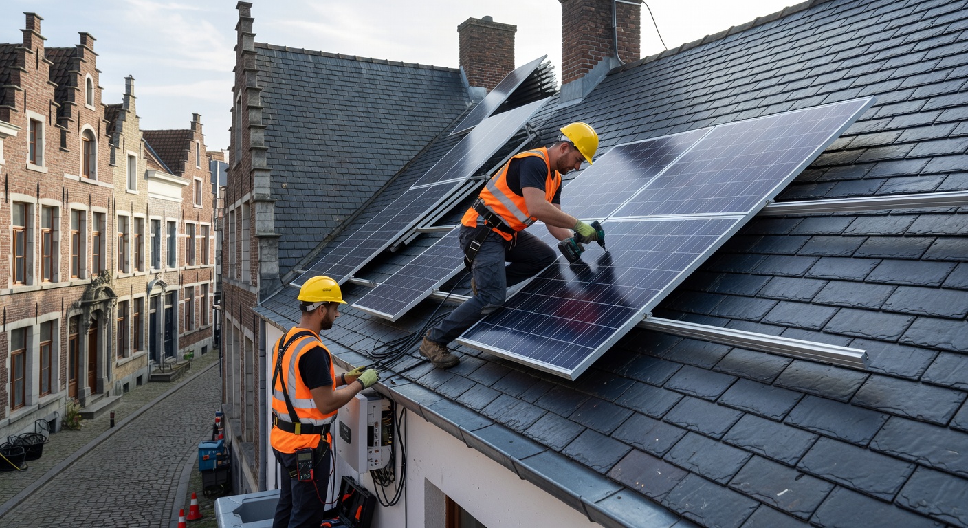 Installation de panneaux solaires sur une toiture en Belgique avec ciel bleu