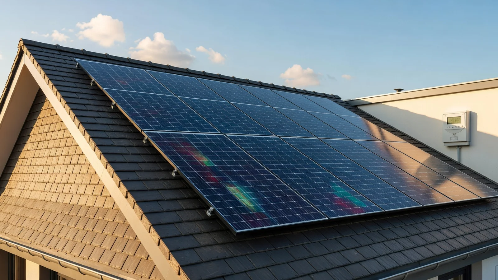 Toit résidentiel wallon équipé de panneaux solaires avec compteur intelligent en arrière-plan