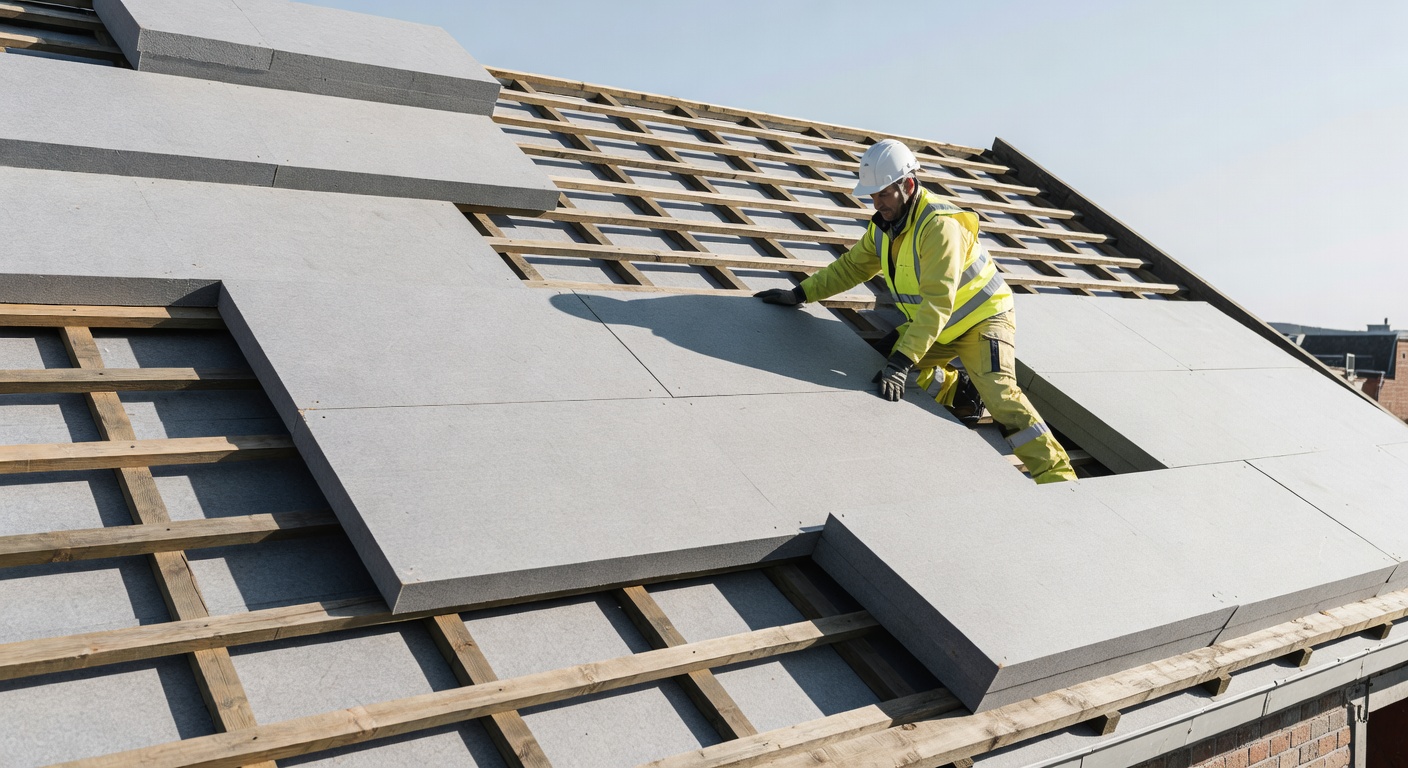 Chantier d'isolation de toiture par l'exterieur en technique sarking avec pose de panneaux isolants sur chevrons en Belgique