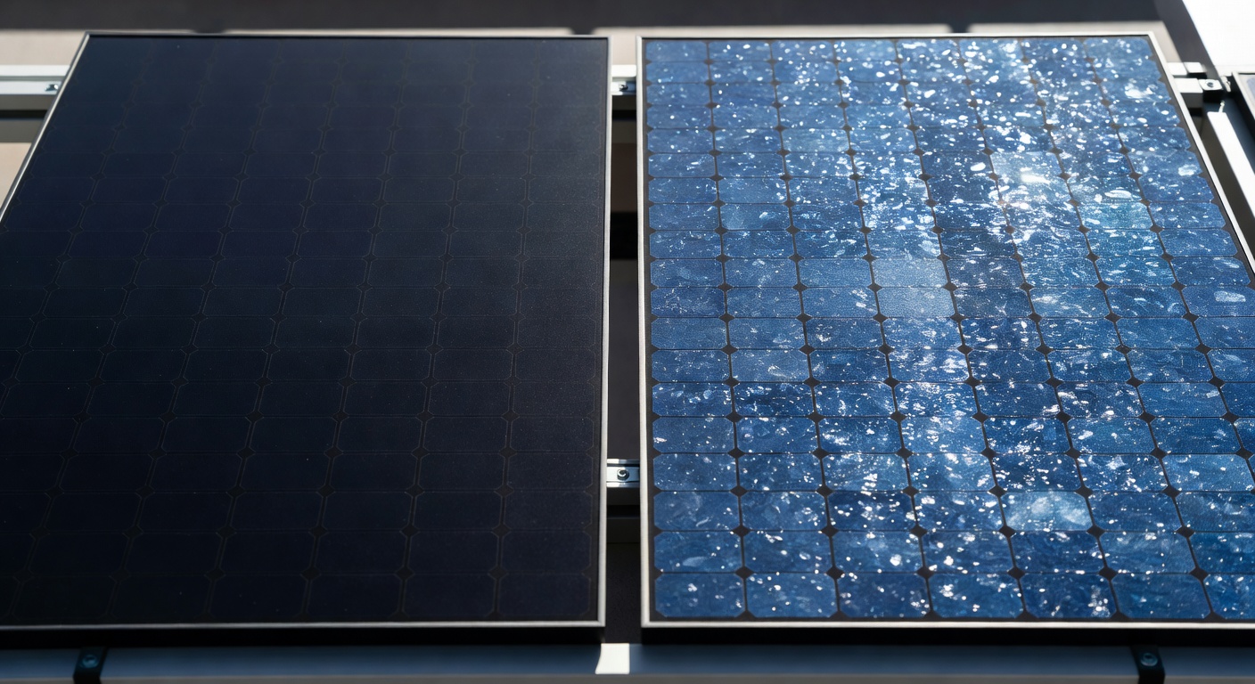 Panneau monocristallin noir à côté d'un panneau polycristallin bleu pour comparaison