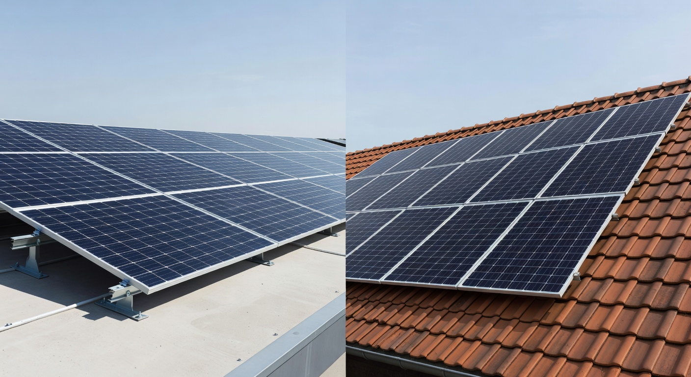 Maison belge avec toiture plate équipée de panneaux solaires sur supports inclinés
