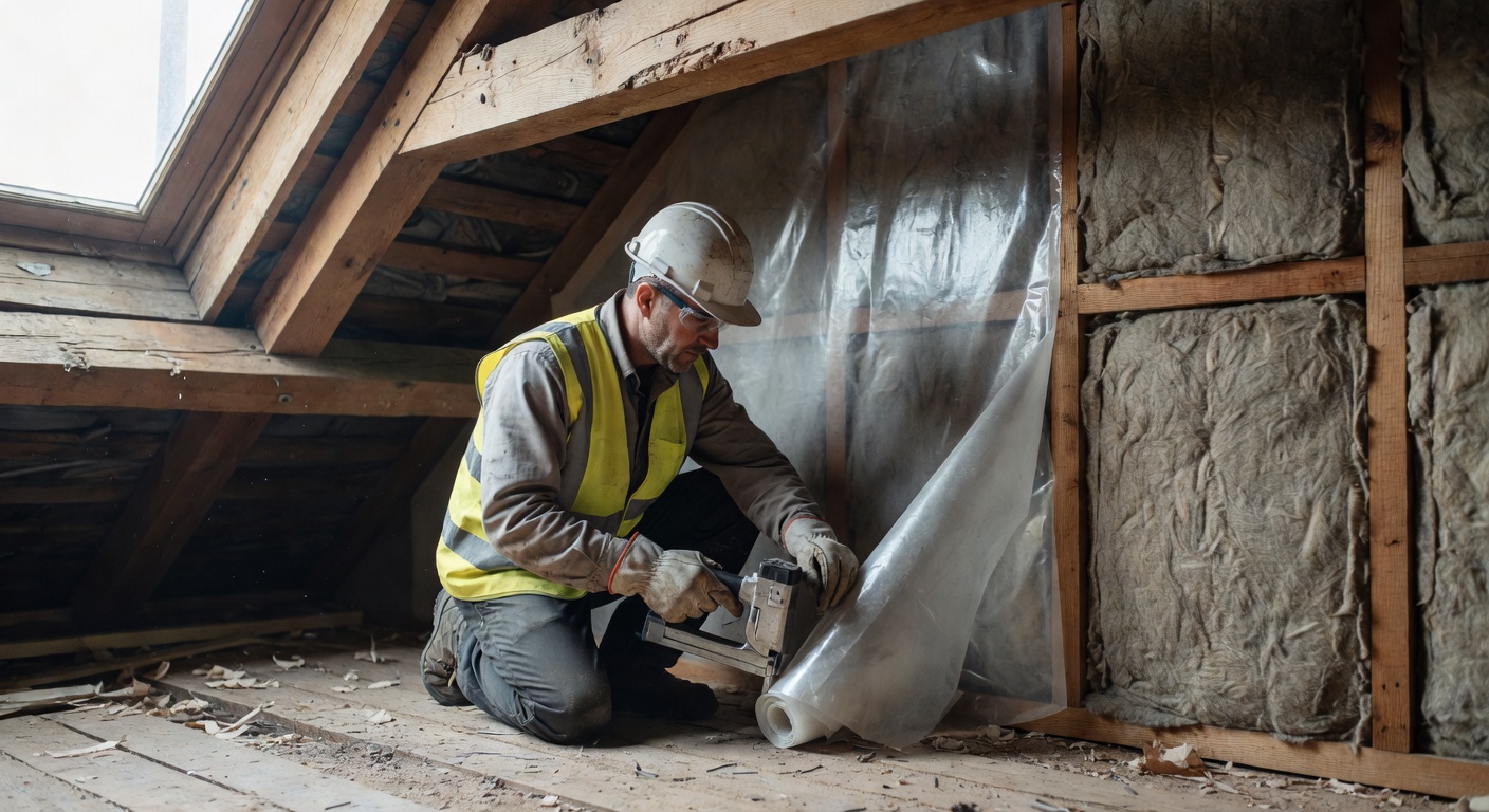 Pose d'une membrane pare-vapeur sur isolation de toiture dans une maison en renovation en Belgique