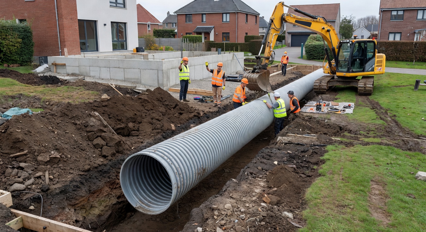 Schema d'installation d'un puits canadien enterre dans un jardin belge avec tubes de ventilation geothermique