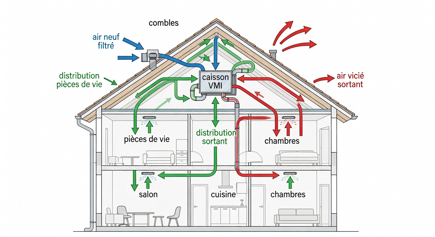 Schéma de fonctionnement VMI : air neuf filtré insufflé par les combles, air vicié chassé par surpression