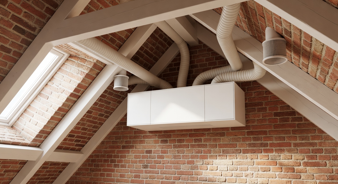 Système VMI installé dans les combles d'une maison belge — ventilation par insufflation