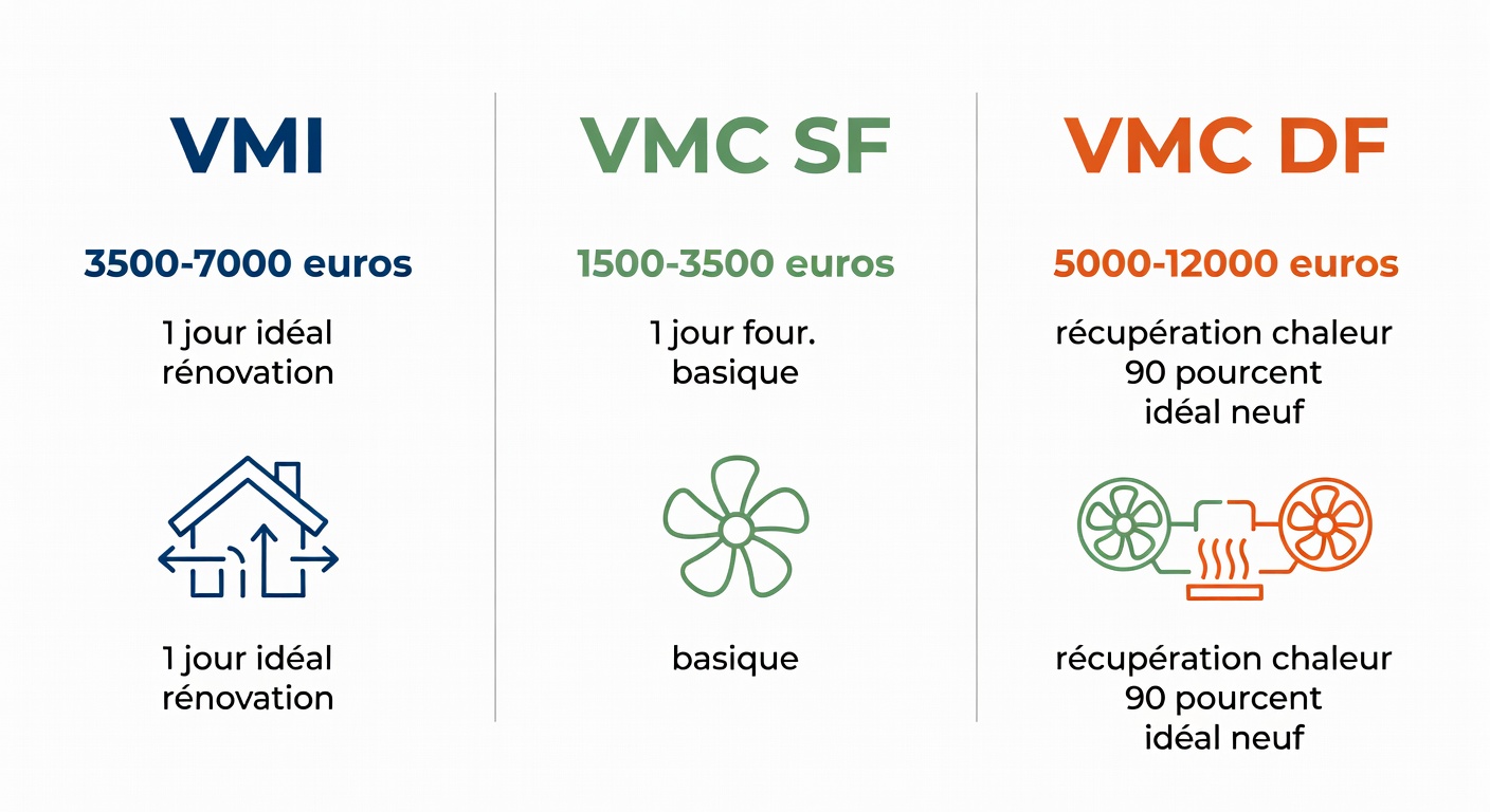 Infographie comparatif VMI vs VMC simple flux vs VMC double flux — prix, installation, efficacité