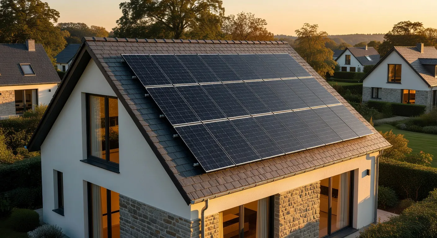 Panneaux solaires sur toit belge avec vue sur installation complète